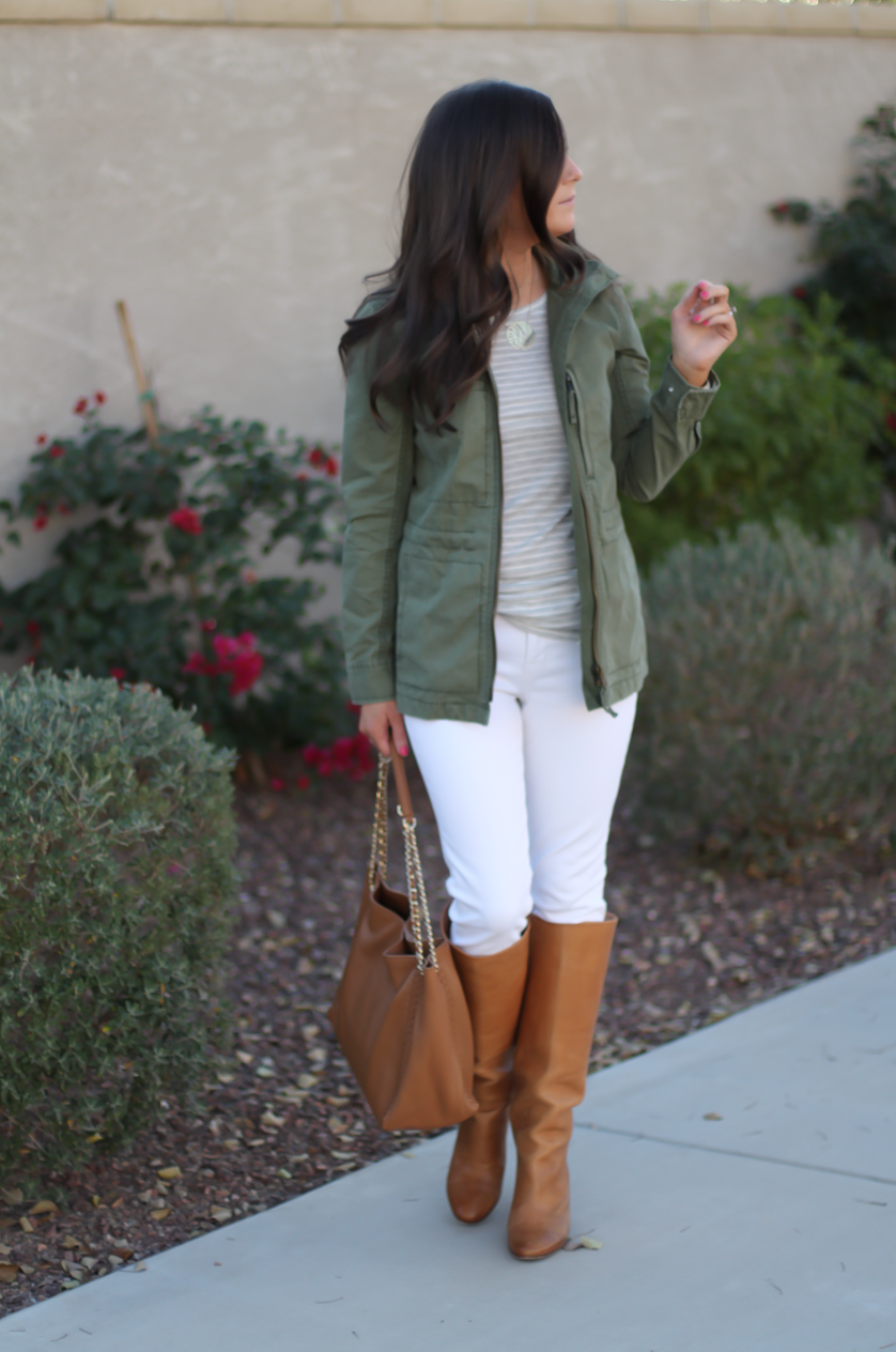 Green Utility Jacket, Grey Striped Tee, White Skinny Jeans, Tan Tote, Tan Boots, Madewell, J.Crew, J Brand, Tory Burch, Maison Margiela 5