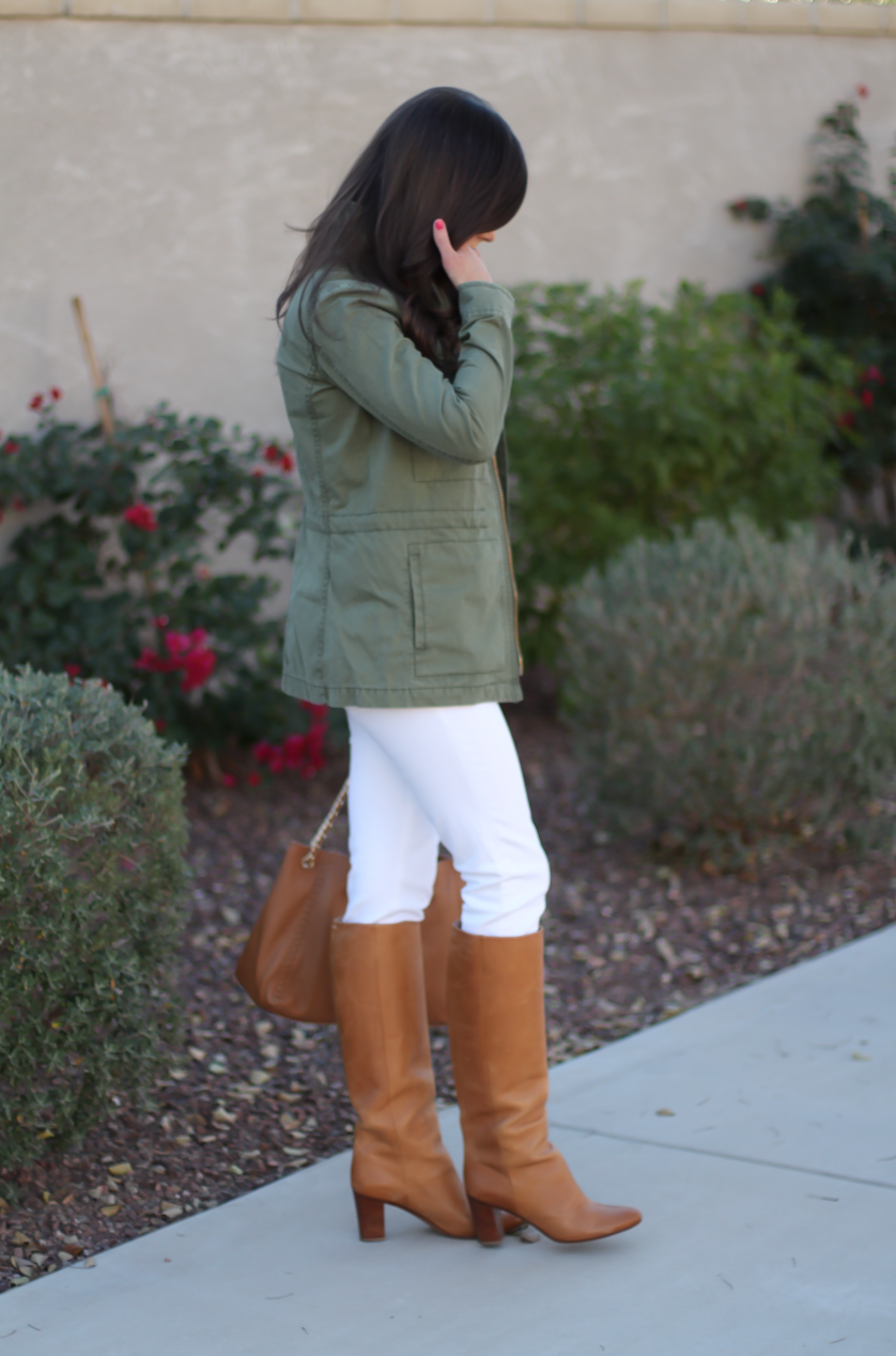 Green Utility Jacket, Grey Striped Tee, White Skinny Jeans, Tan Tote, Tan Boots, Madewell, J.Crew, J Brand, Tory Burch, Maison Margiela 6