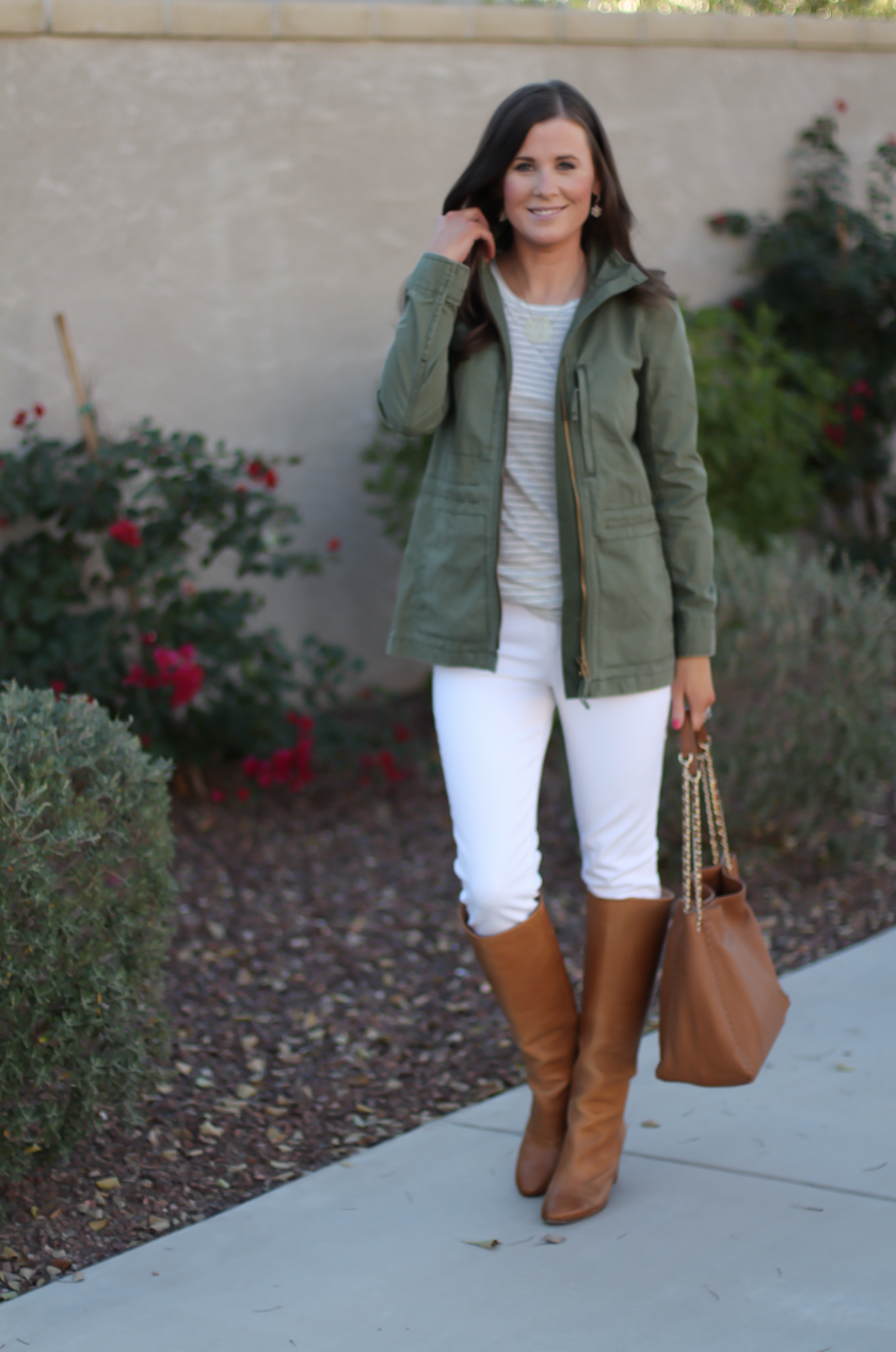 Green Utility Jacket, Grey Striped Tee, White Skinny Jeans, Tan Tote, Tan Boots, Madewell, J.Crew, J Brand, Tory Burch, Maison Margiela 7