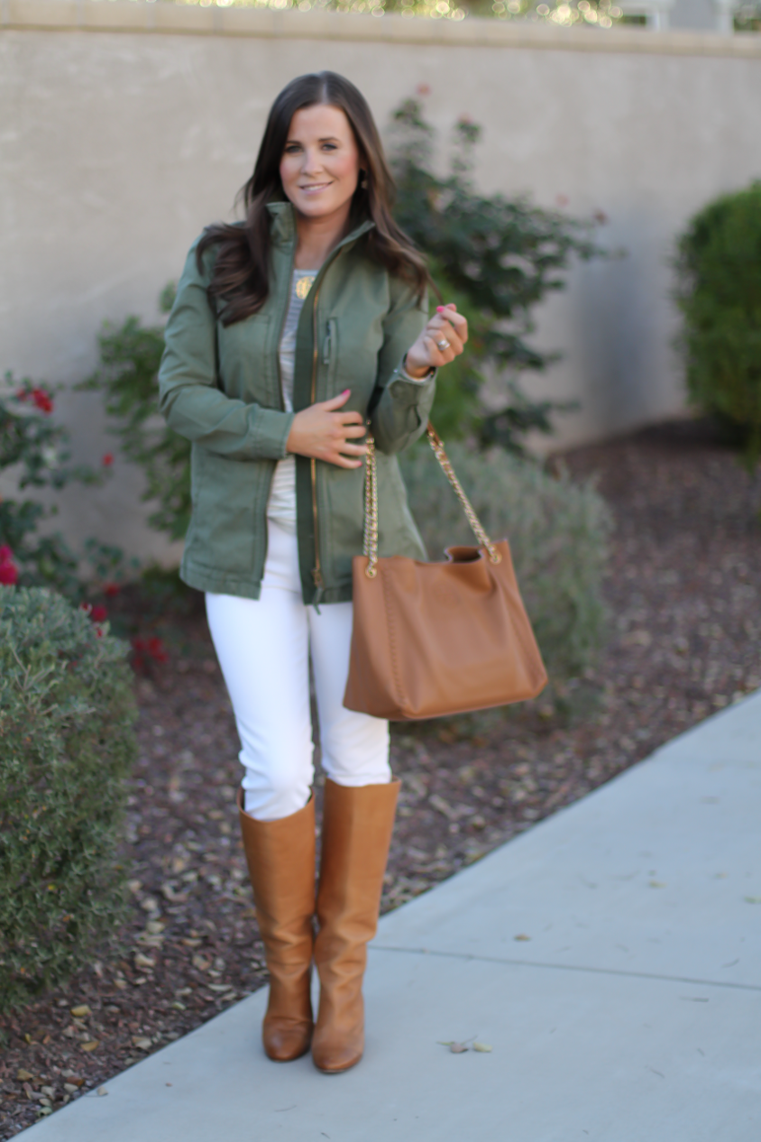 Green Utility Jacket, Grey Striped Tee, White Skinny Jeans, Tan Tote, Tan Boots, Madewell, J.Crew, J Brand, Tory Burch, Maison Margiela