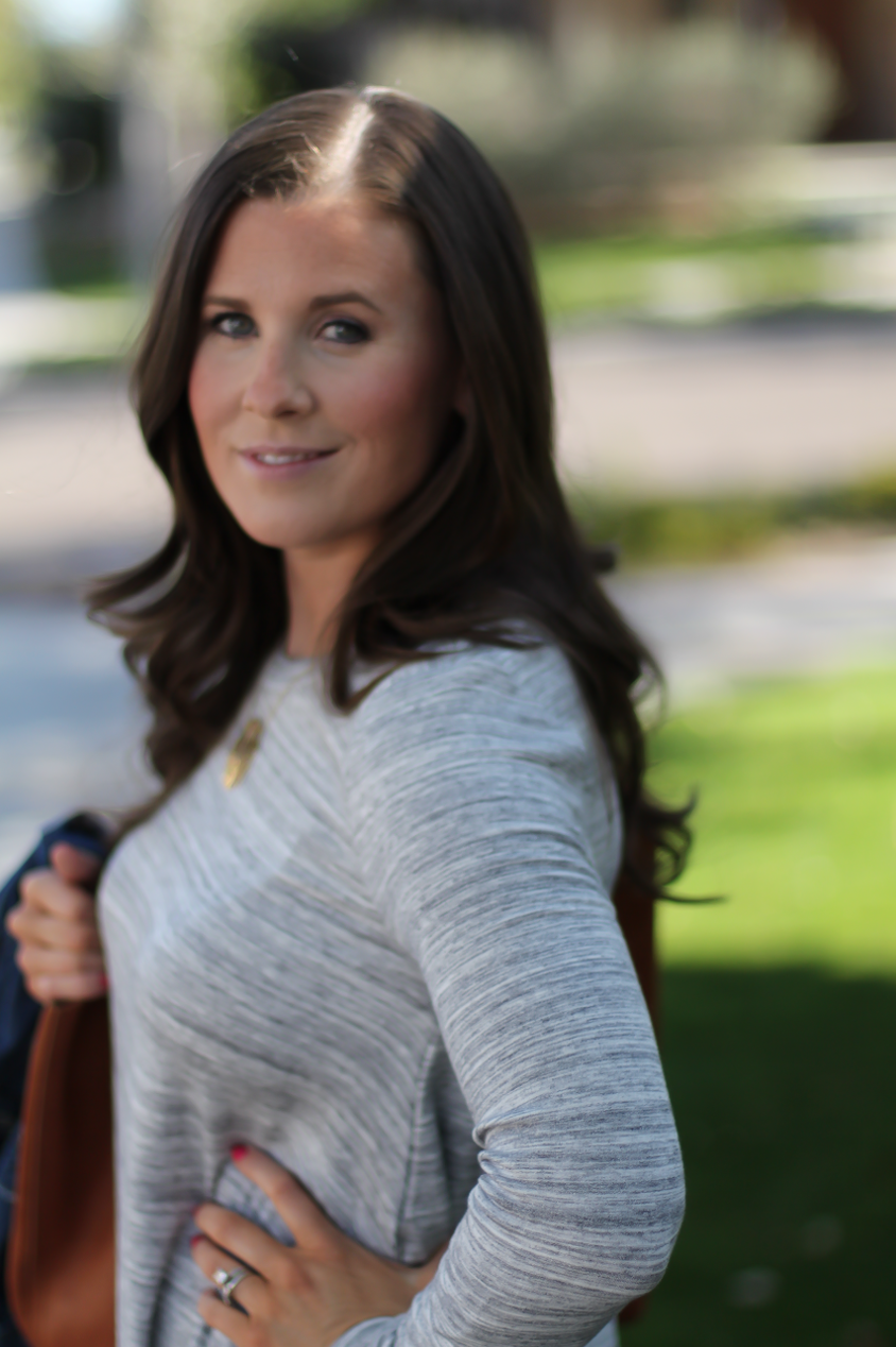 Heathered Grey Knit Swing Dress, Denim Jacket, Tan Leather Sandals, Tan Leather Tote, Loft, Lou and Grey, Banana Republic, Madewell, Tory Burch 13