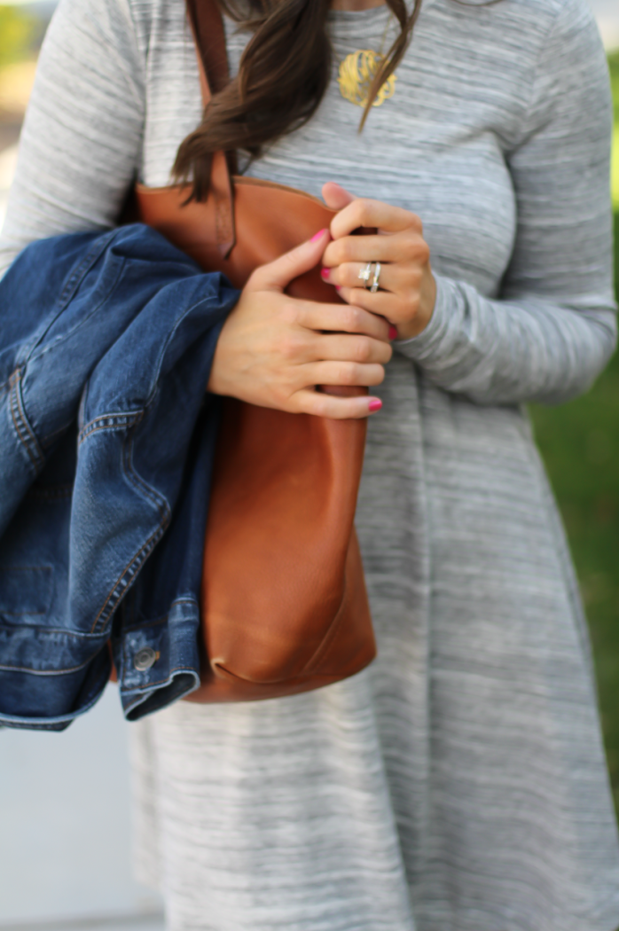 Heathered Grey Knit Swing Dress, Denim Jacket, Tan Leather Sandals, Tan Leather Tote, Loft, Lou and Grey, Banana Republic, Madewell, Tory Burch 19