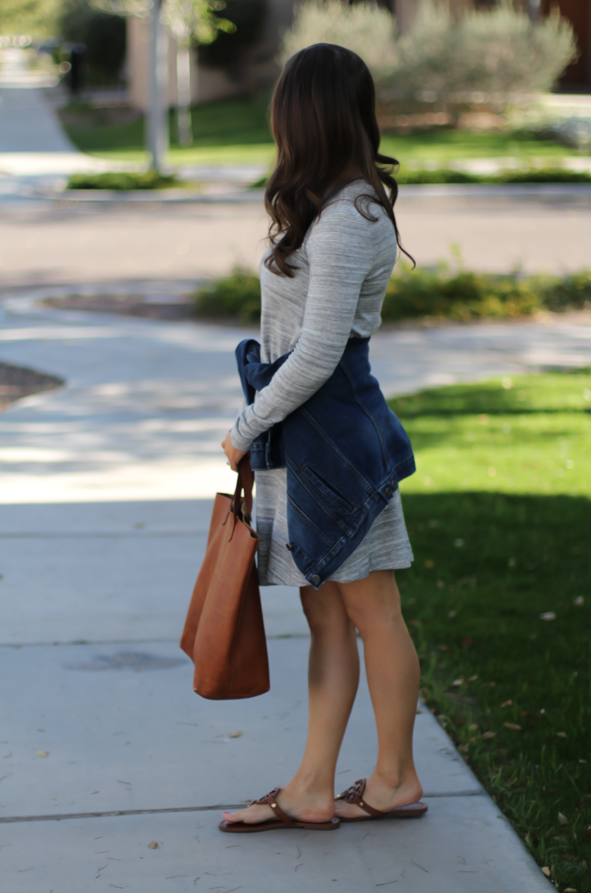 Heathered Grey Knit Swing Dress, Denim Jacket, Tan Leather Sandals, Tan Leather Tote, Loft, Lou and Grey, Banana Republic, Madewell, Tory Burch 2