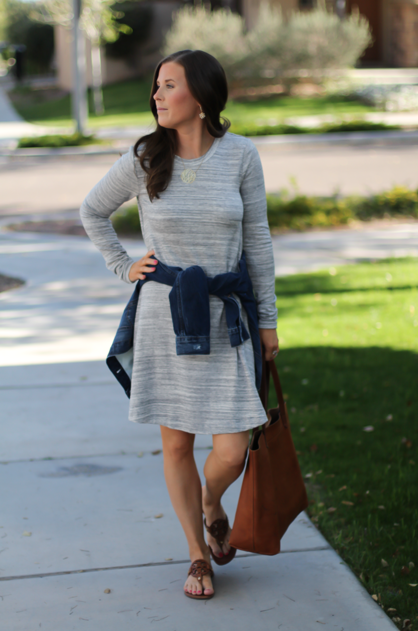 Heathered Grey Knit Swing Dress, Denim Jacket, Tan Leather Sandals, Tan Leather Tote, Loft, Lou and Grey, Banana Republic, Madewell, Tory Burch 6