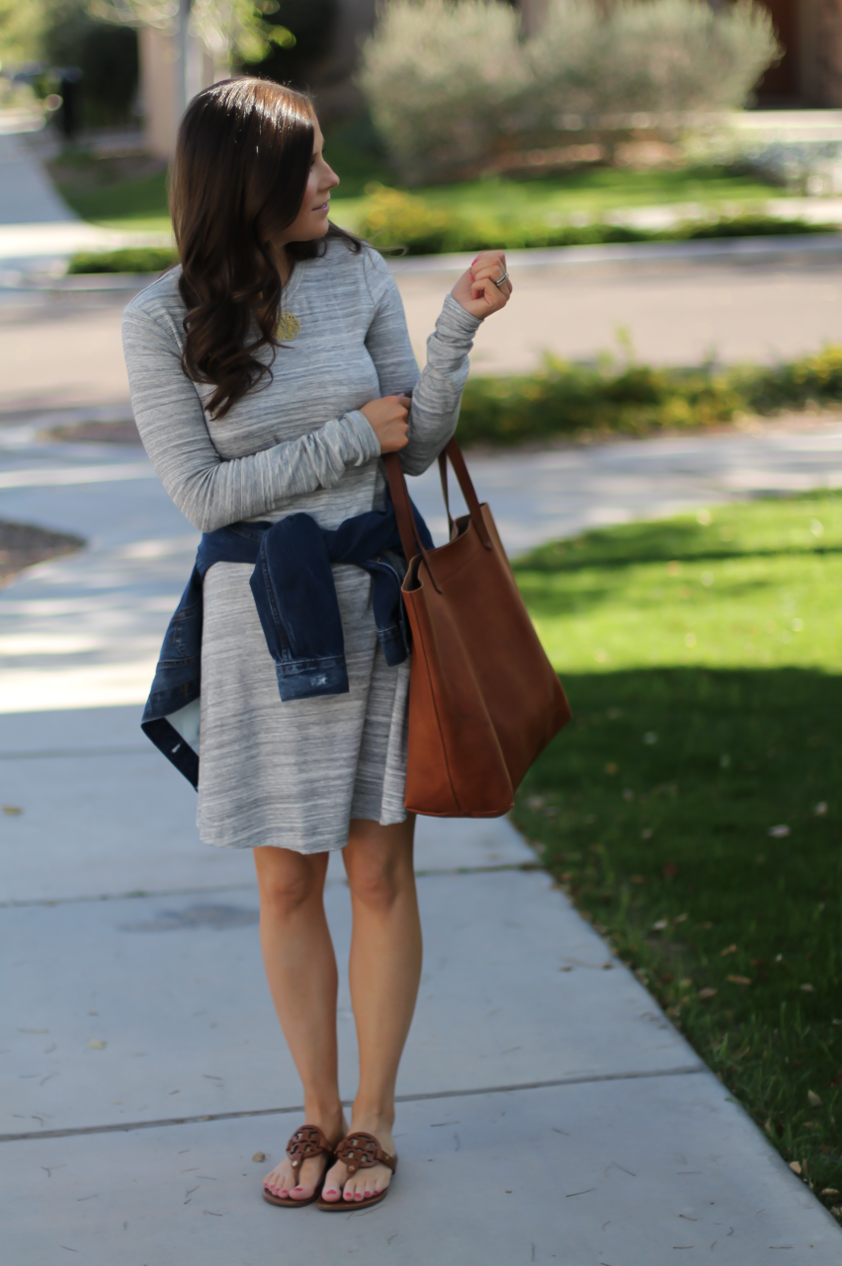 Heathered Grey Knit Swing Dress, Denim Jacket, Tan Leather Sandals, Tan Leather Tote, Loft, Lou and Grey, Banana Republic, Madewell, Tory Burch 8