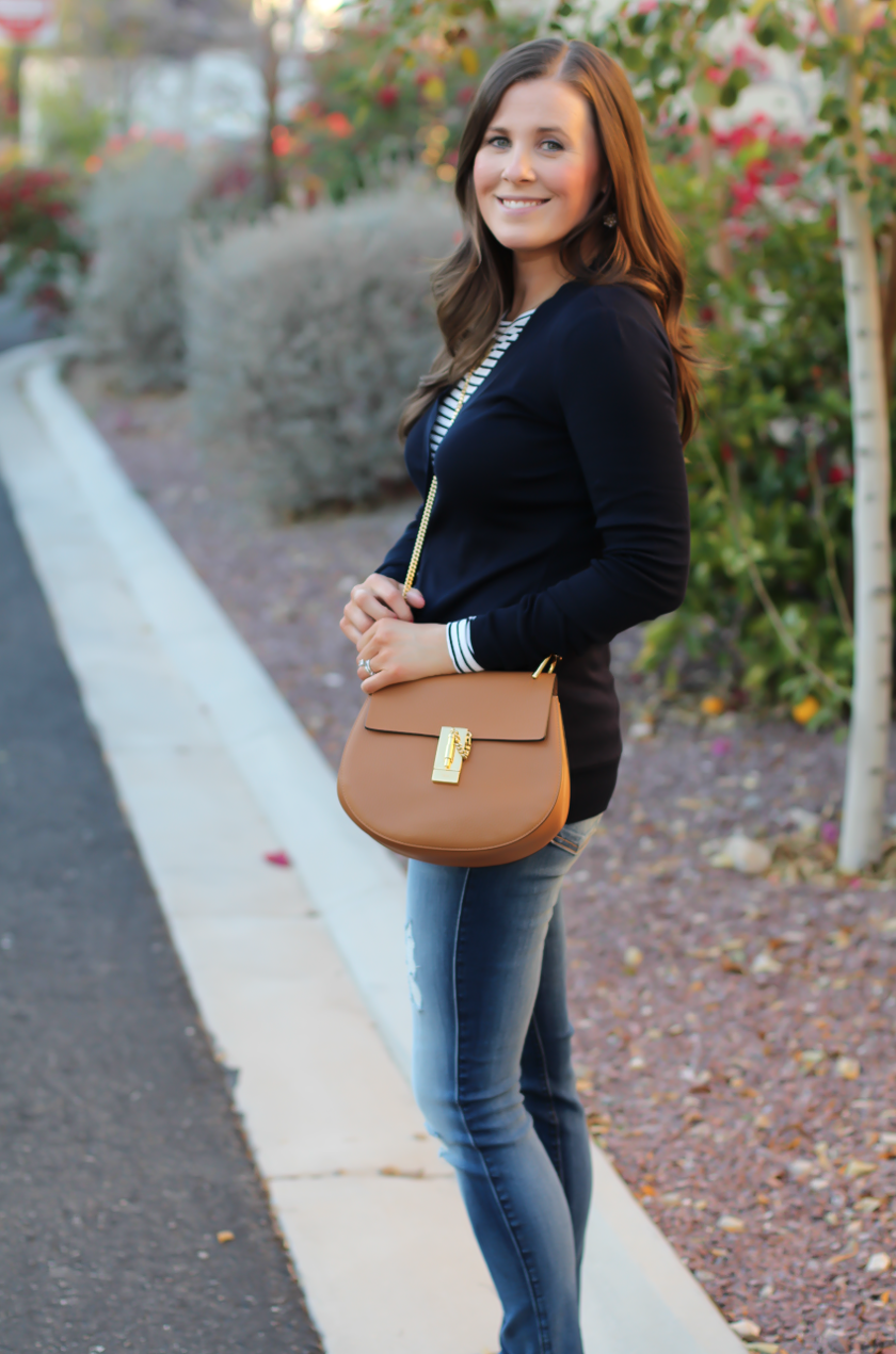 Navy Cotton V Neck Cardigan, Striped Tee, Distressed Skinny Jeans, Tan Flats, Tan Crossbody, J.Cew, 7 for All Mankind, Tory Burch, Chloe 2