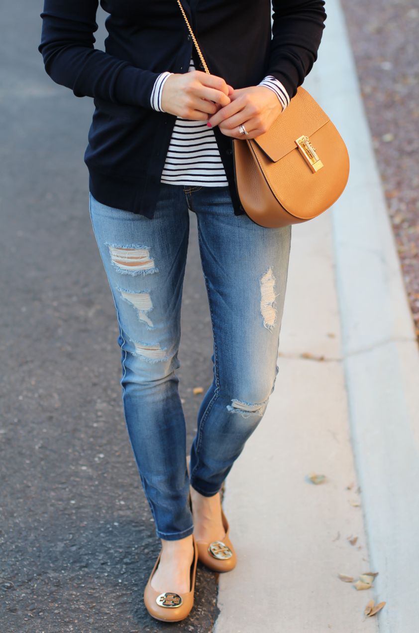 Navy Cotton V Neck Cardigan, Striped Tee, Distressed Skinny Jeans, Tan Flats, Tan Crossbody, J.Cew, 7 for All Mankind, Tory Burch, Chloe 4