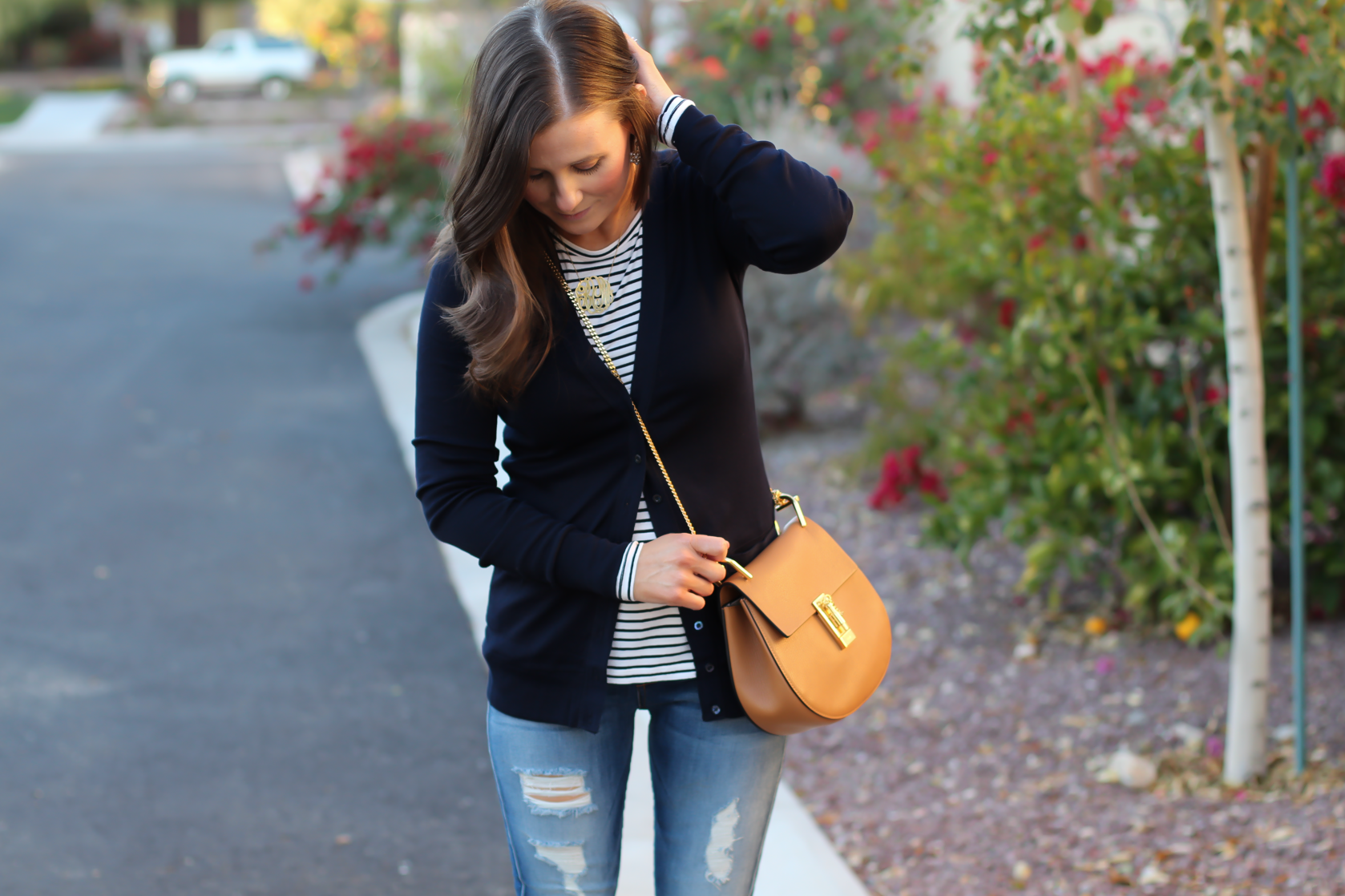 Navy Cotton V Neck Cardigan, Striped Tee, Distressed Skinny Jeans, Tan Flats, Tan Crossbody, J.Cew, 7 for All Mankind, Tory Burch, Chloe 6