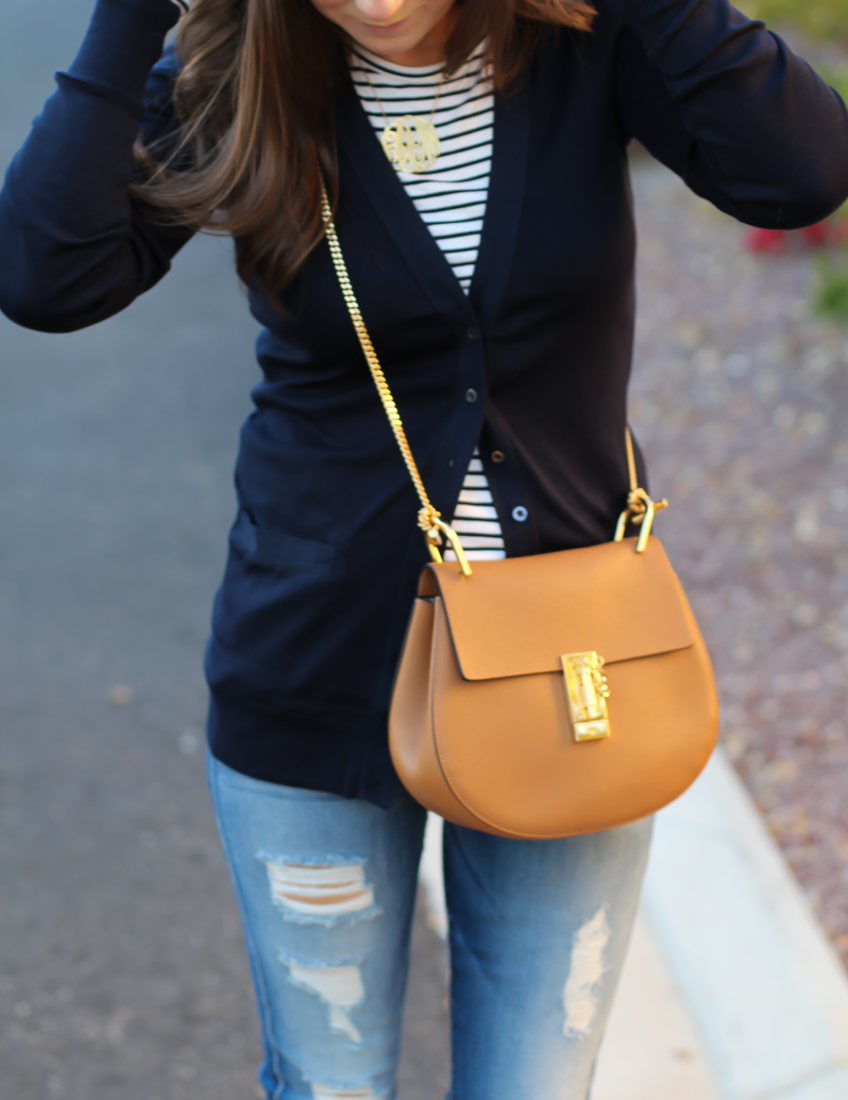 Navy Cotton V Neck Cardigan, Striped Tee, Distressed Skinny Jeans, Tan Flats, Tan Crossbody, J.Cew, 7 for All Mankind, Tory Burch, Chloe 7