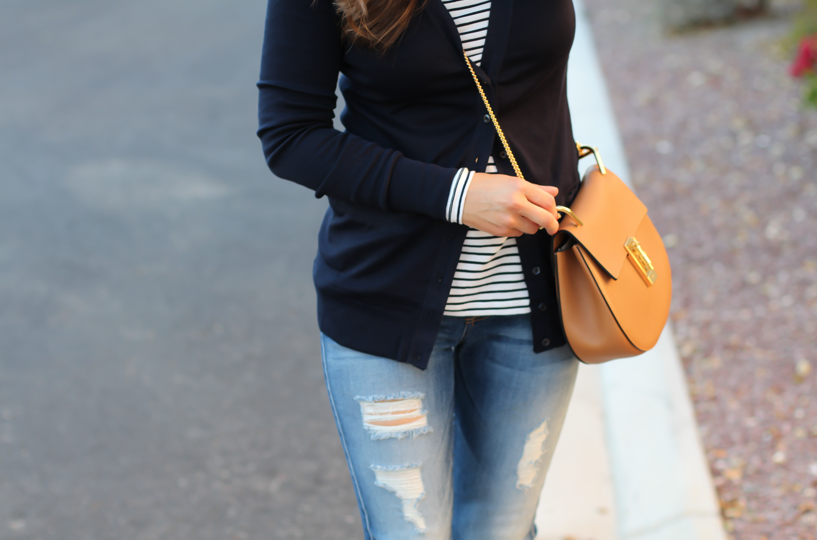 Navy Cotton V Neck Cardigan, Striped Tee, Distressed Skinny Jeans, Tan Flats, Tan Crossbody, J.Cew, 7 for All Mankind, Tory Burch, Chloe