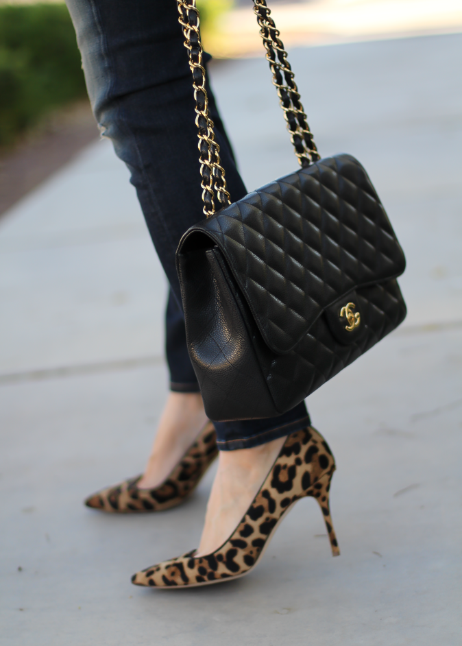 Tan Leather Jacket, Ivory Peplum Blouse, Distressed Skinny Jeans, Leopard Heels, Chain Strap Black Leather Bag, Nordstrom, Banana Republic, Rag and Bone, J.Crew, Chanel 10