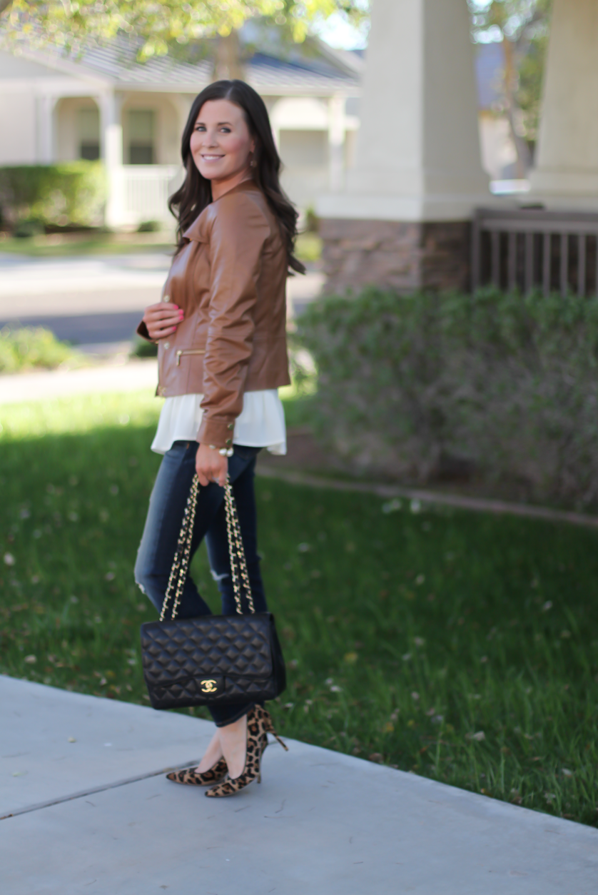 Tan Leather Jacket, Ivory Peplum Blouse, Distressed Skinny Jeans, Leopard Heels, Chain Strap Black Leather Bag, Nordstrom, Banana Republic, Rag and Bone, J.Crew, Chanel 3