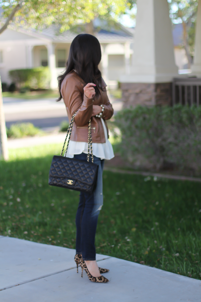 Tan Leather Jacket, Ivory Peplum Blouse, Distressed Skinny Jeans, Leopard Heels, Chain Strap Black Leather Bag, Nordstrom, Banana Republic, Rag and Bone, J.Crew, Chanel 4