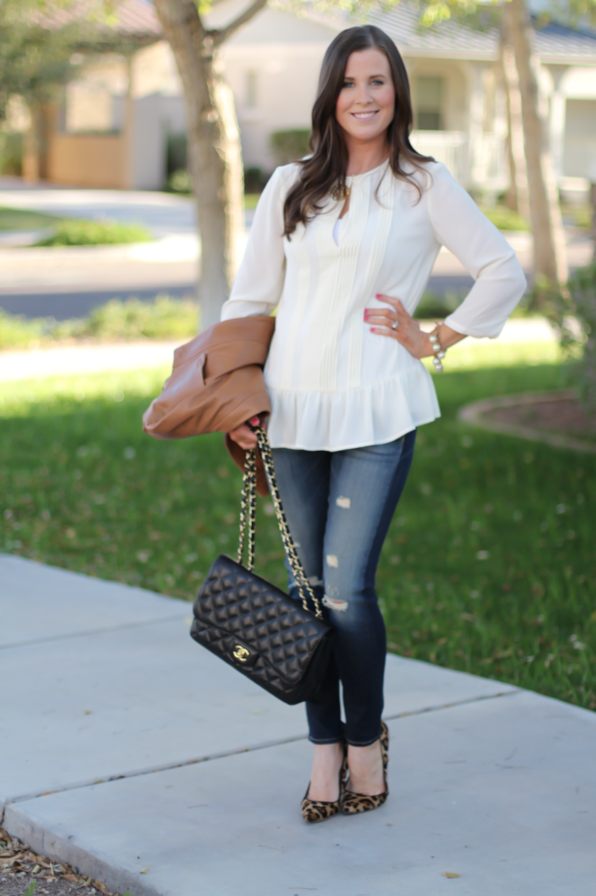 Tan Leather Jacket, Ivory Peplum Blouse, Distressed Skinny Jeans, Leopard Heels, Chain Strap Black Leather Bag, Nordstrom, Banana Republic, Rag and Bone, J.Crew, Chanel 6