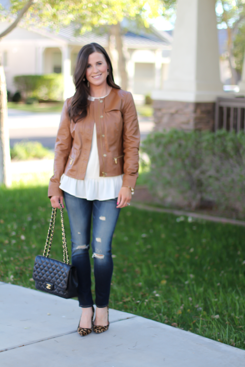 Tan Leather Jacket, Ivory Peplum Blouse, Distressed Skinny Jeans, Leopard Heels, Chain Strap Black Leather Bag, Nordstrom, Banana Republic, Rag and Bone, J.Crew, Chanel