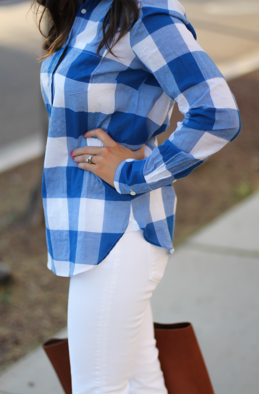 Blue and White Check Shirt, White Crop Distressed Skinny Jeans, Wooden Wedge Leather Sandals, Leather Tote, J.Crew, J Brand, Madewell 11