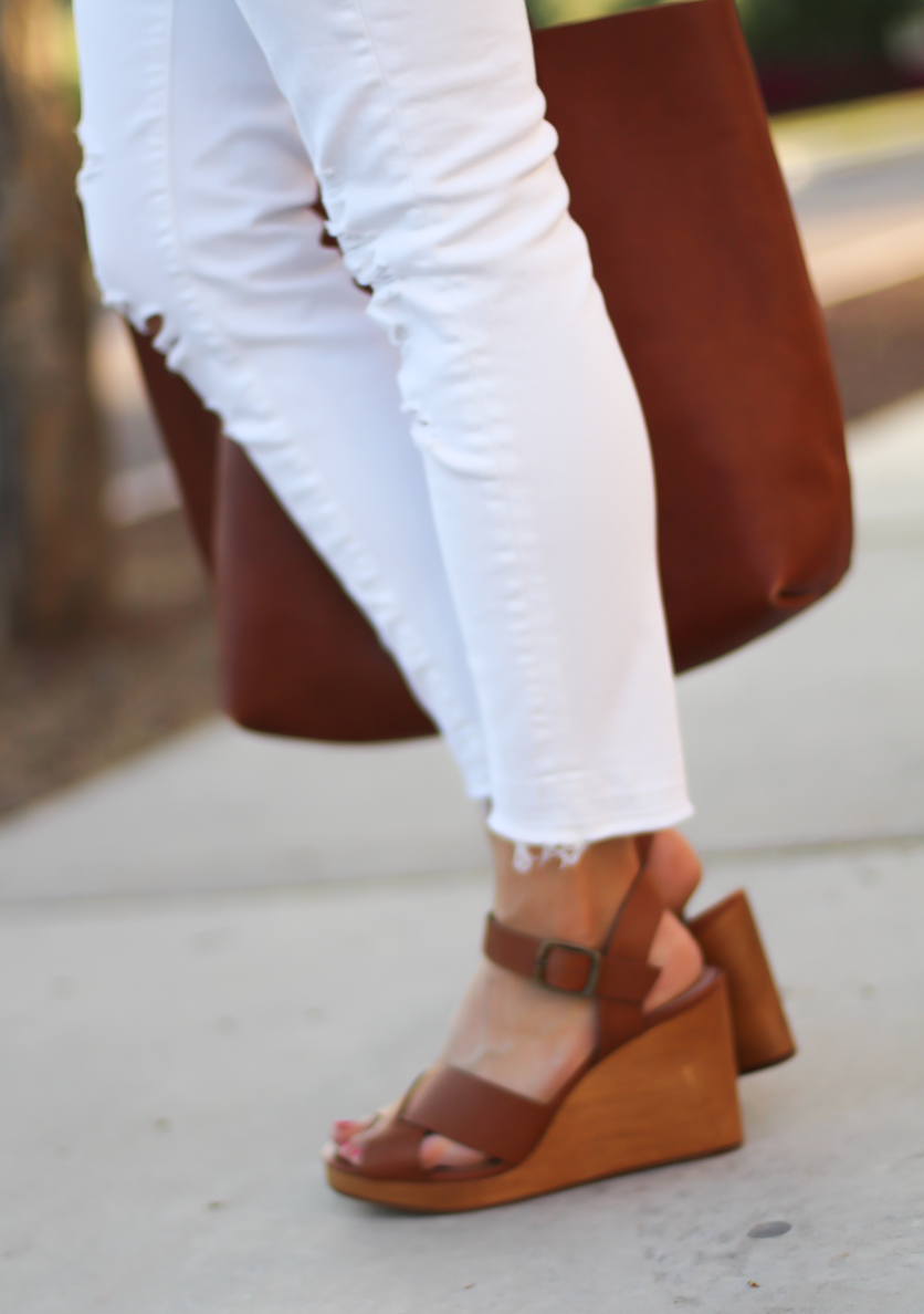 Blue and White Check Shirt, White Crop Distressed Skinny Jeans, Wooden Wedge Leather Sandals, Leather Tote, J.Crew, J Brand, Madewell 13