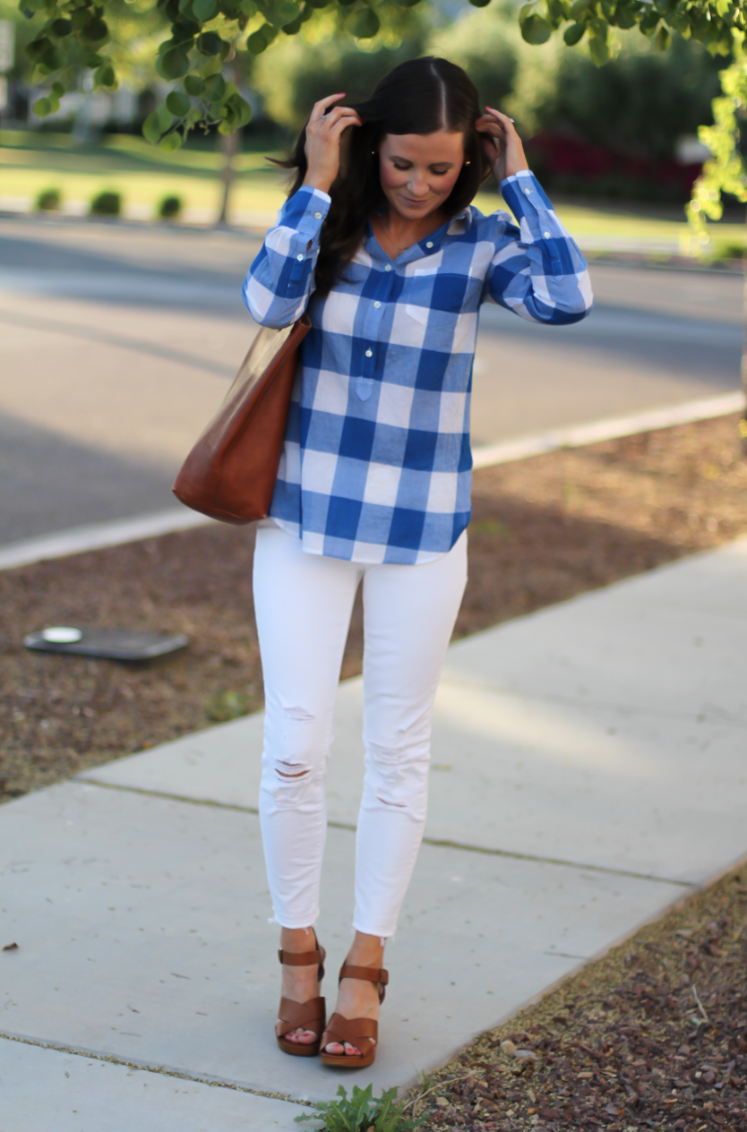 Blue and White Check Shirt, White Crop Distressed Skinny Jeans, Wooden Wedge Leather Sandals, Leather Tote, J.Crew, J Brand, Madewell 2