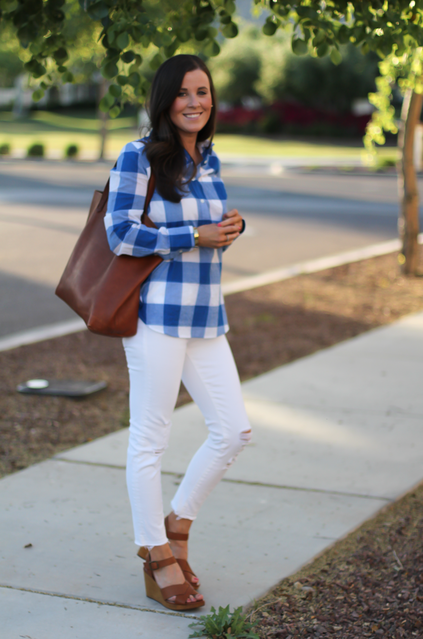 Blue and White Check Shirt, White Crop Distressed Skinny Jeans, Wooden Wedge Leather Sandals, Leather Tote, J.Crew, J Brand, Madewell 3