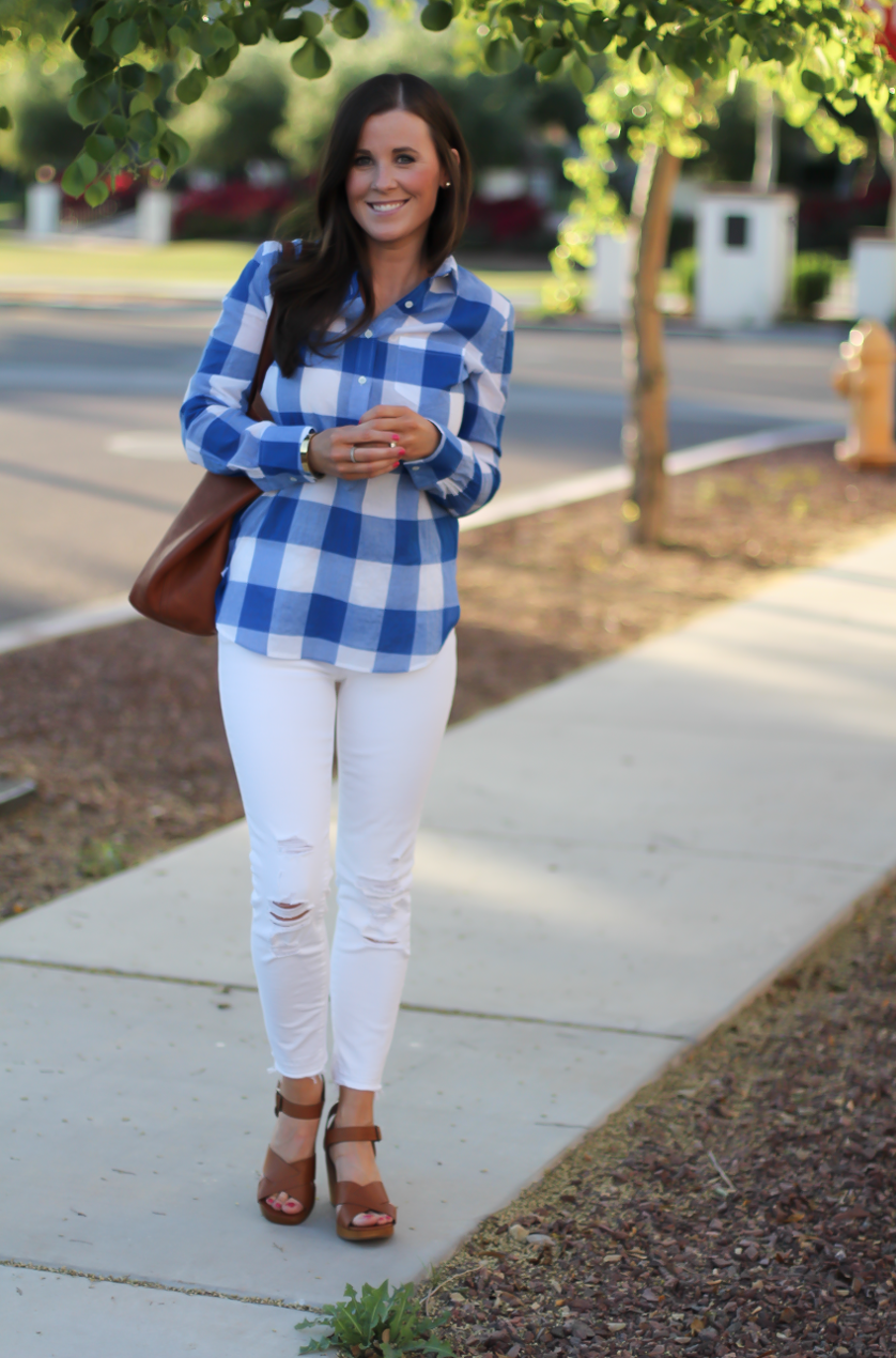 Blue and White Check Shirt, White Crop Distressed Skinny Jeans, Wooden Wedge Leather Sandals, Leather Tote, J.Crew, J Brand, Madewell 4