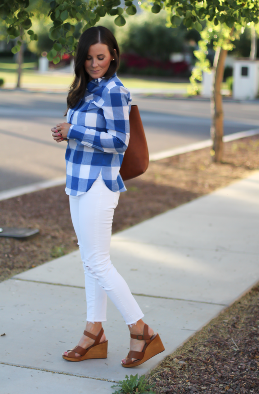 Blue and White Check Shirt, White Crop Distressed Skinny Jeans, Wooden Wedge Leather Sandals, Leather Tote, J.Crew, J Brand, Madewell 5