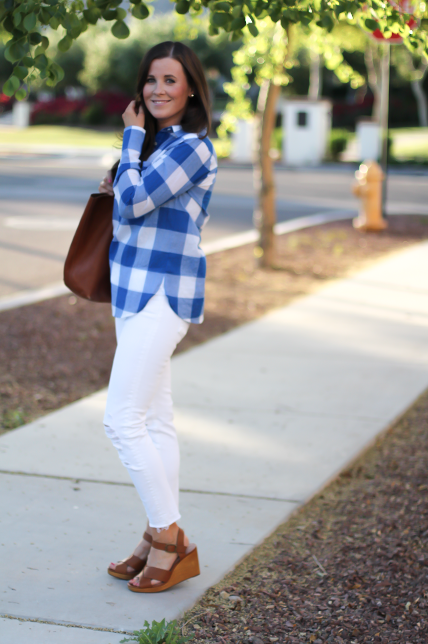 Blue and White Check Shirt, White Crop Distressed Skinny Jeans, Wooden Wedge Leather Sandals, Leather Tote, J.Crew, J Brand, Madewell 6