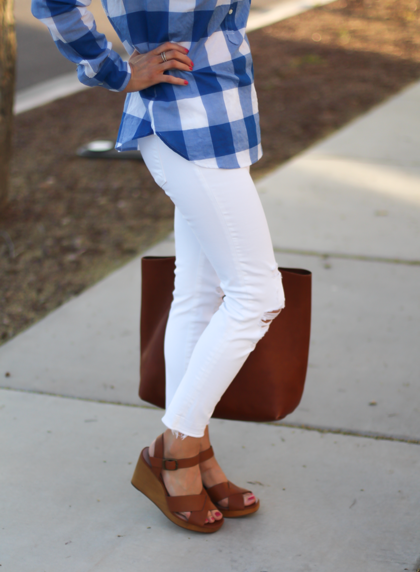 Blue and White Check Shirt, White Crop Distressed Skinny Jeans, Wooden Wedge Leather Sandals, Leather Tote, J.Crew, J Brand, Madewell 8