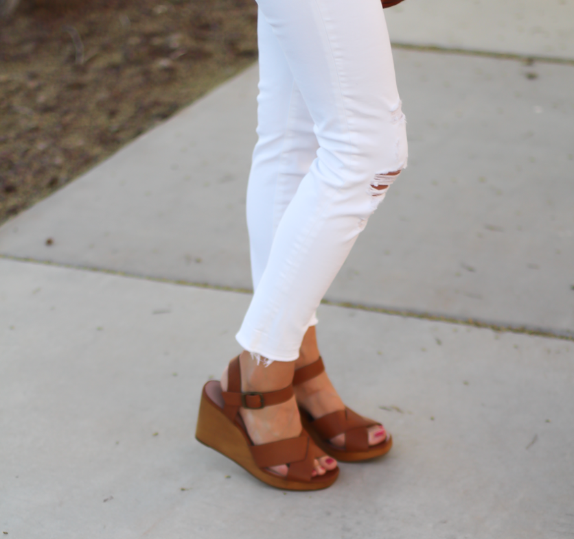 Blue and White Check Shirt, White Crop Distressed Skinny Jeans, Wooden Wedge Leather Sandals, Leather Tote, J.Crew, J Brand, Madewell 9