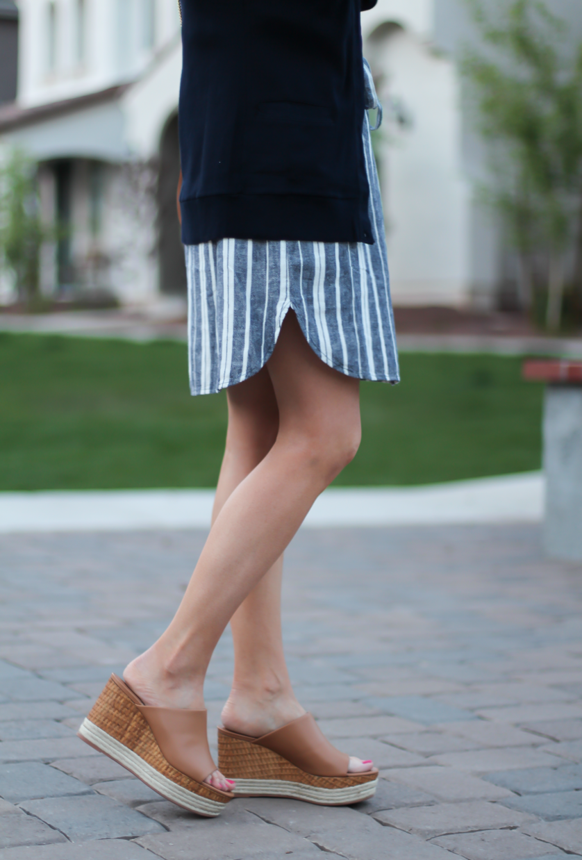 Chambray and White Striped Dress, Navy Long Cotton Cardigan, Tan Leather Wedge Sandals, Tan Leather Chain Strap Bag, Old Navy, J.Crew, Ferragamo, Chloe 10