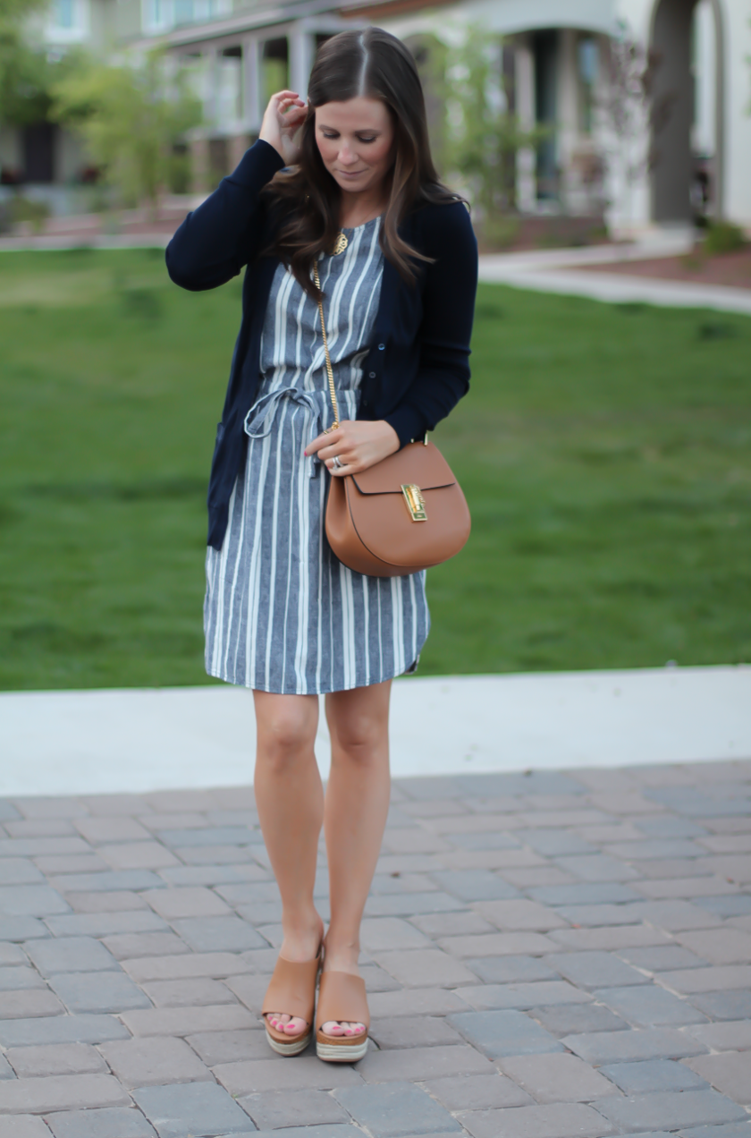 Chambray and White Striped Dress, Navy Long Cotton Cardigan, Tan Leather Wedge Sandals, Tan Leather Chain Strap Bag, Old Navy, J.Crew, Ferragamo, Chloe 3