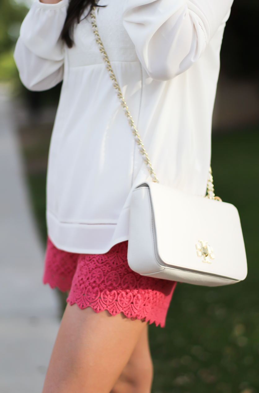 Coral Lace Shorts, Ivory Bib Blouse, Tan Espadrille Sandals, Ivory Chain Strap Bag, Loft, Banana Republic, Seychelles, Tory Burch 13