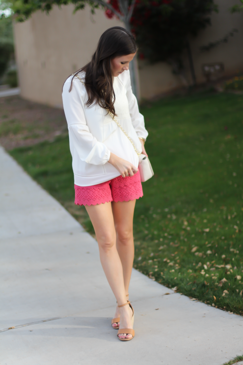 Coral Lace Shorts, Ivory Bib Blouse, Tan Espadrille Sandals, Ivory Chain Strap Bag, Loft, Banana Republic, Seychelles, Tory Burch 3