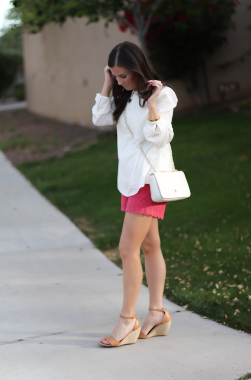 Coral Lace Shorts, Ivory Bib Blouse, Tan Espadrille Sandals, Ivory Chain Strap Bag, Loft, Banana Republic, Seychelles, Tory Burch 4