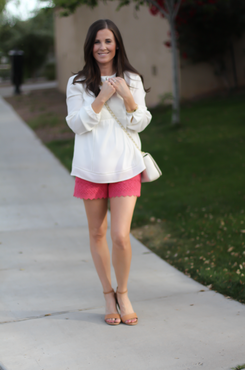 Coral Lace Shorts, Ivory Bib Blouse, Tan Espadrille Sandals, Ivory Chain Strap Bag, Loft, Banana Republic, Seychelles, Tory Burch 5