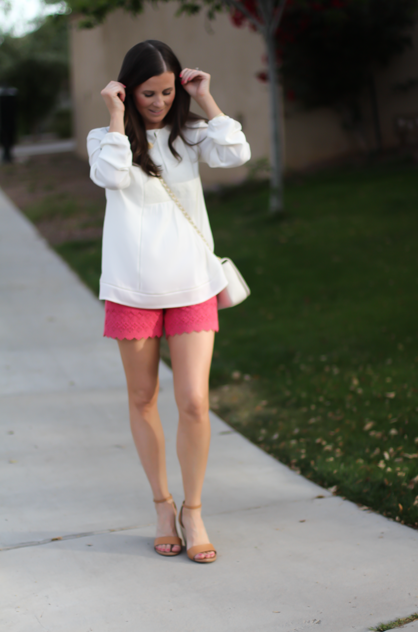 Coral Lace Shorts, Ivory Bib Blouse, Tan Espadrille Sandals, Ivory Chain Strap Bag, Loft, Banana Republic, Seychelles, Tory Burch 6