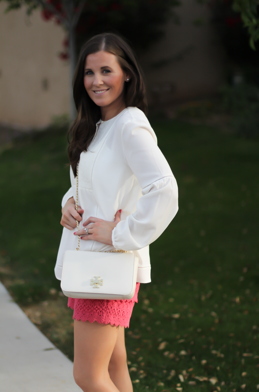 Coral Lace Shorts, Ivory Bib Blouse, Tan Espadrille Sandals, Ivory Chain Strap Bag, Loft, Banana Republic, Seychelles, Tory Burch 7