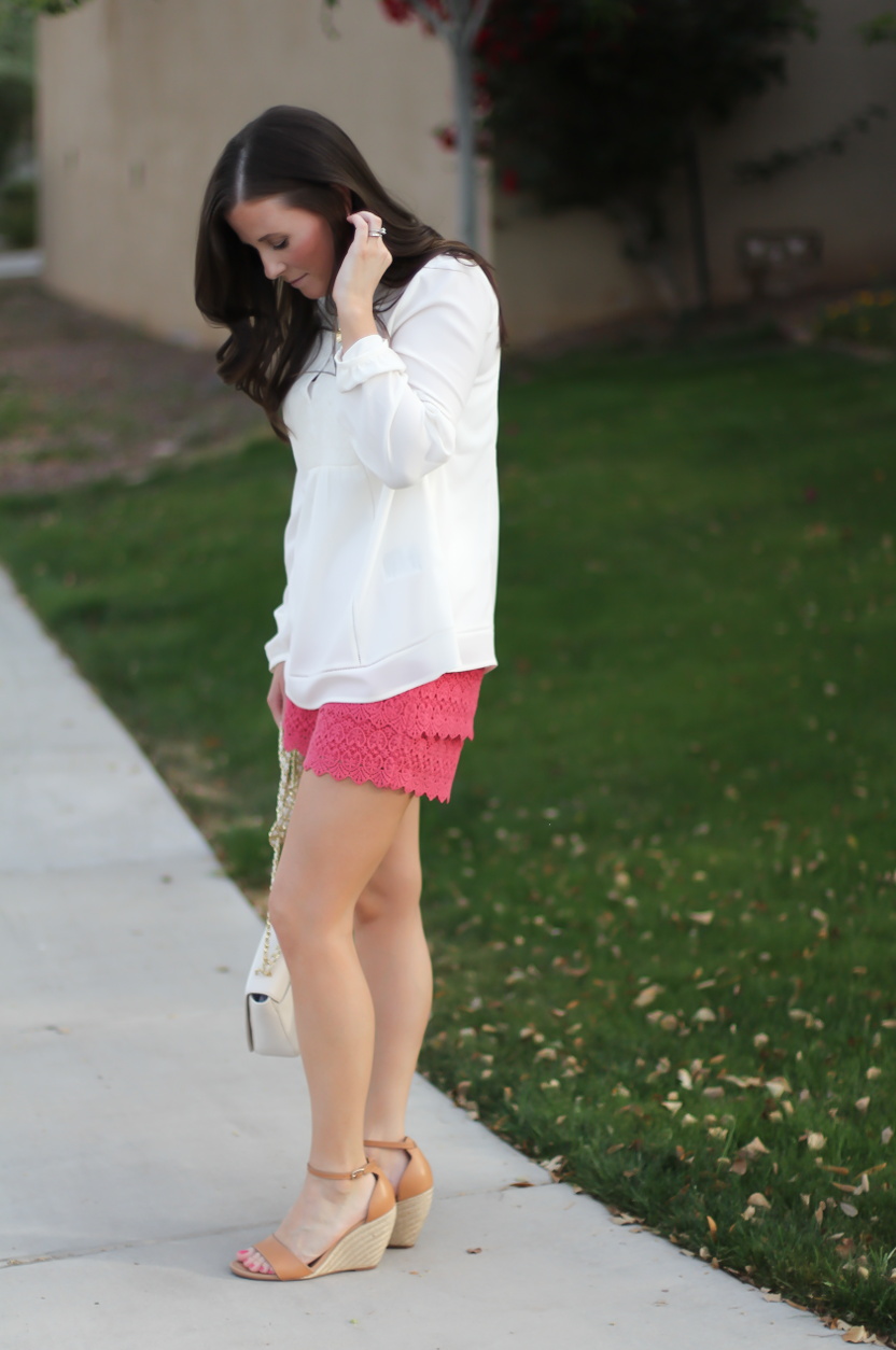 Coral Lace Shorts, Ivory Bib Blouse, Tan Espadrille Sandals, Ivory Chain Strap Bag, Loft, Banana Republic, Seychelles, Tory Burch