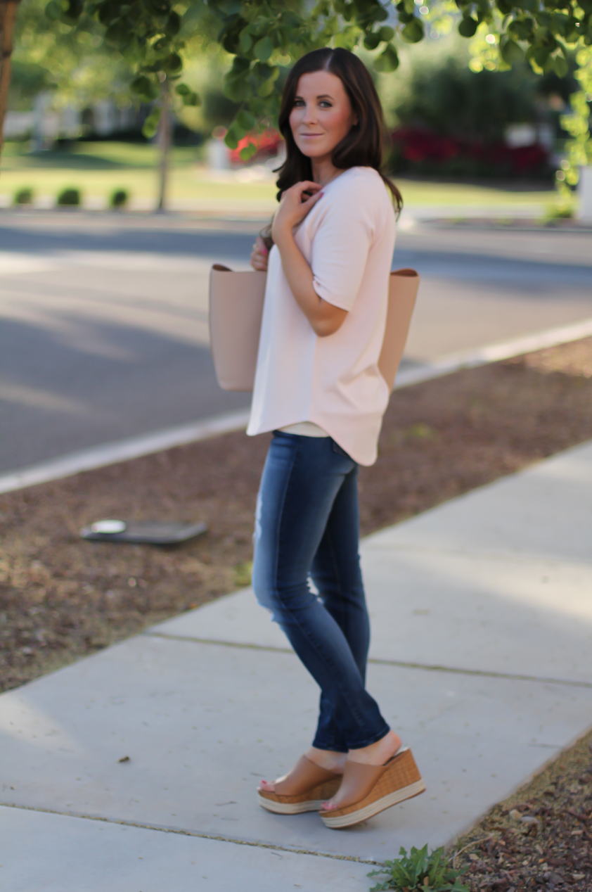 Fine Melange Tee, Distressed Skinny Jeans, Tan Leather Wedge Sandals, Beige Leather Tote, Loft, 7 for All Mankind, Ferragamo, Tory Burch