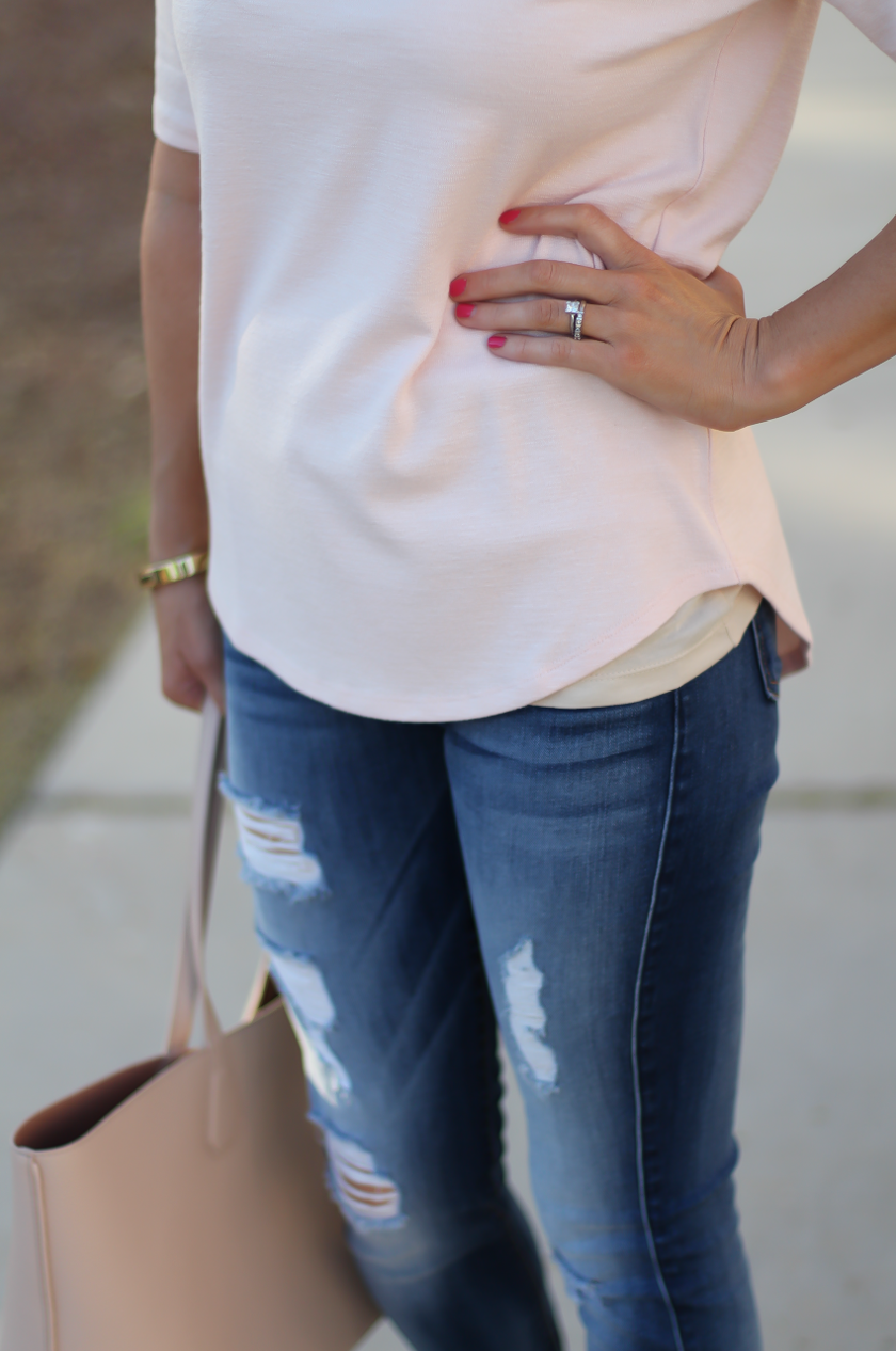 Fine Melange Tee, Distressed Skinny Jeans, Tan Leather Wedge Sandals, Beige Leather Tote, Loft, 7 for All Mankind, Ferragamo, Tory Burch  14