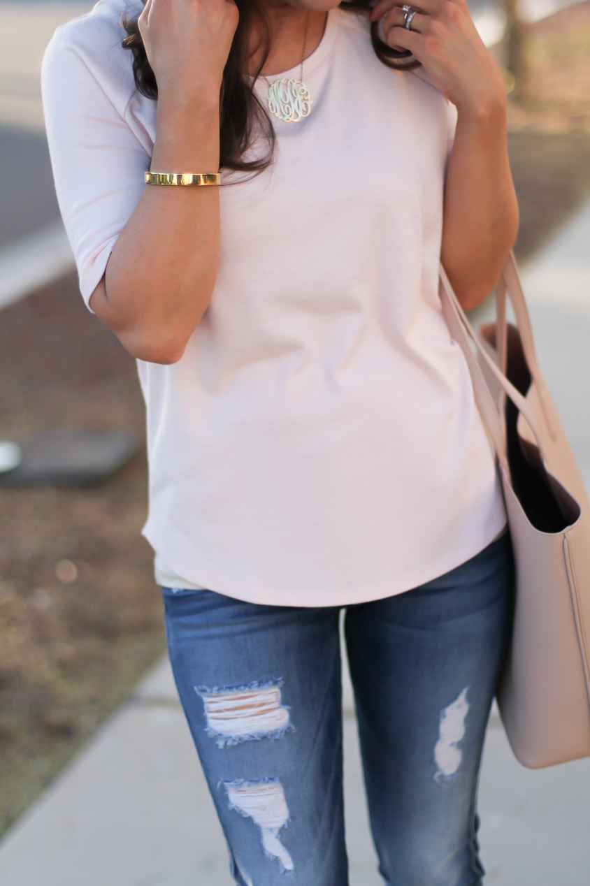 Fine Melange Tee, Distressed Skinny Jeans, Tan Leather Wedge Sandals, Beige Leather Tote, Loft, 7 for All Mankind, Ferragamo, Tory Burch  15