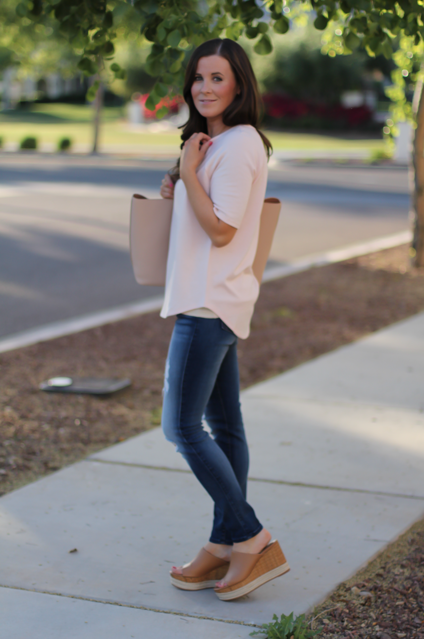 Fine Melange Tee, Distressed Skinny Jeans, Tan Leather Wedge Sandals, Beige Leather Tote, Loft, 7 for All Mankind, Ferragamo, Tory Burch  2