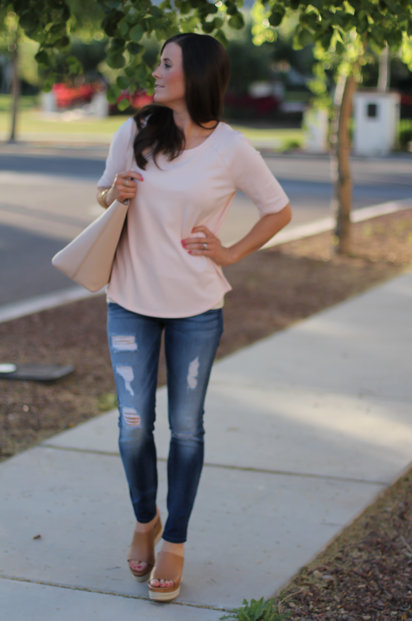 Fine Melange Tee, Distressed Skinny Jeans, Tan Leather Wedge Sandals, Beige Leather Tote, Loft, 7 for All Mankind, Ferragamo, Tory Burch  3