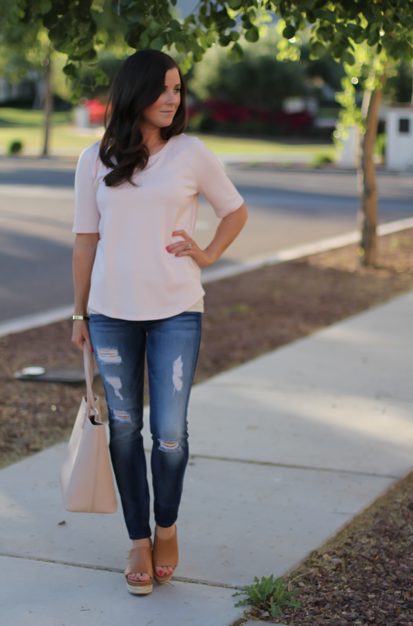 Fine Melange Tee, Distressed Skinny Jeans, Tan Leather Wedge Sandals, Beige Leather Tote, Loft, 7 for All Mankind, Ferragamo, Tory Burch  4