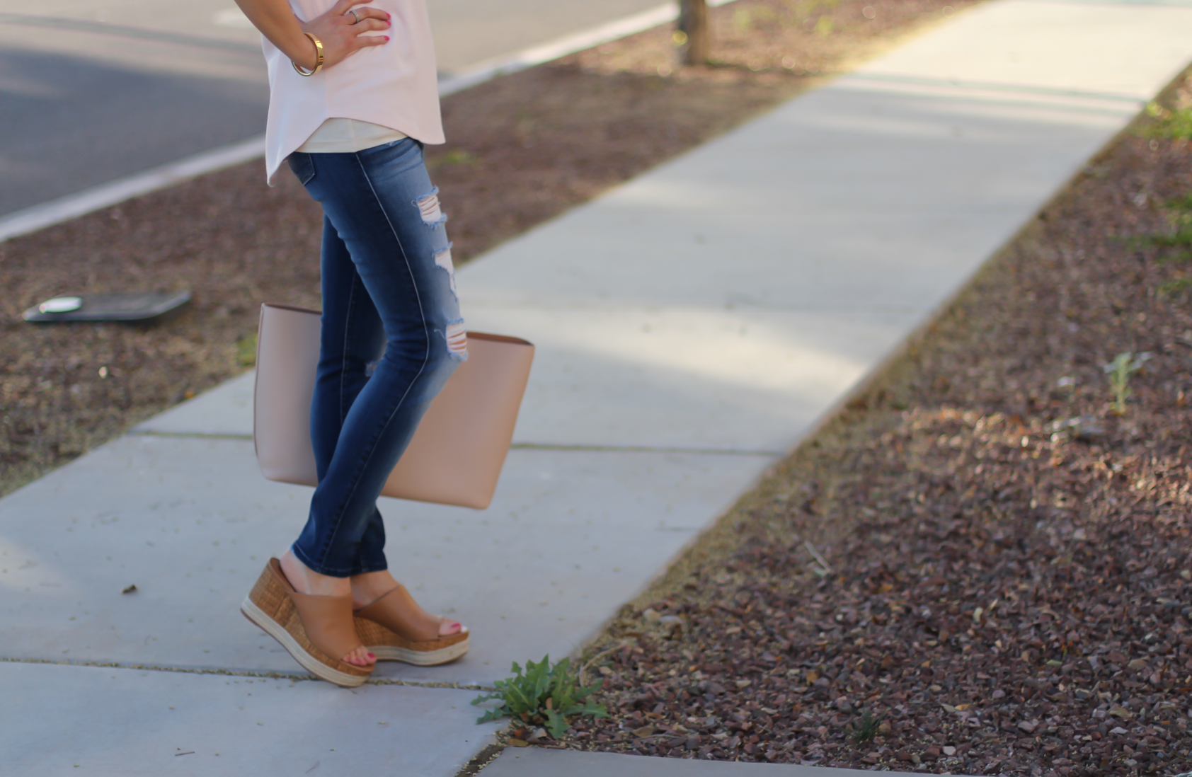 Fine Melange Tee, Distressed Skinny Jeans, Tan Leather Wedge Sandals, Beige Leather Tote, Loft, 7 for All Mankind, Ferragamo, Tory Burch  6