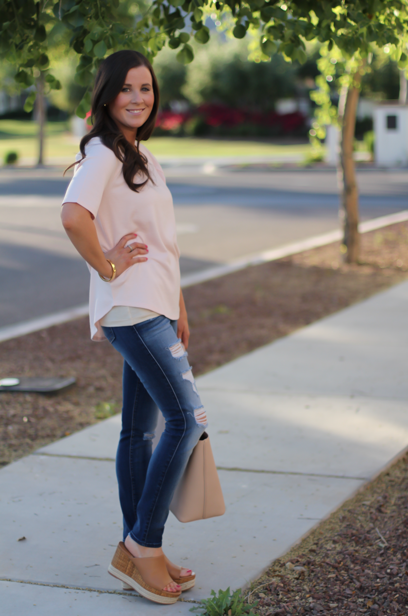 Fine Melange Tee, Distressed Skinny Jeans, Tan Leather Wedge Sandals, Beige Leather Tote, Loft, 7 for All Mankind, Ferragamo, Tory Burch  8