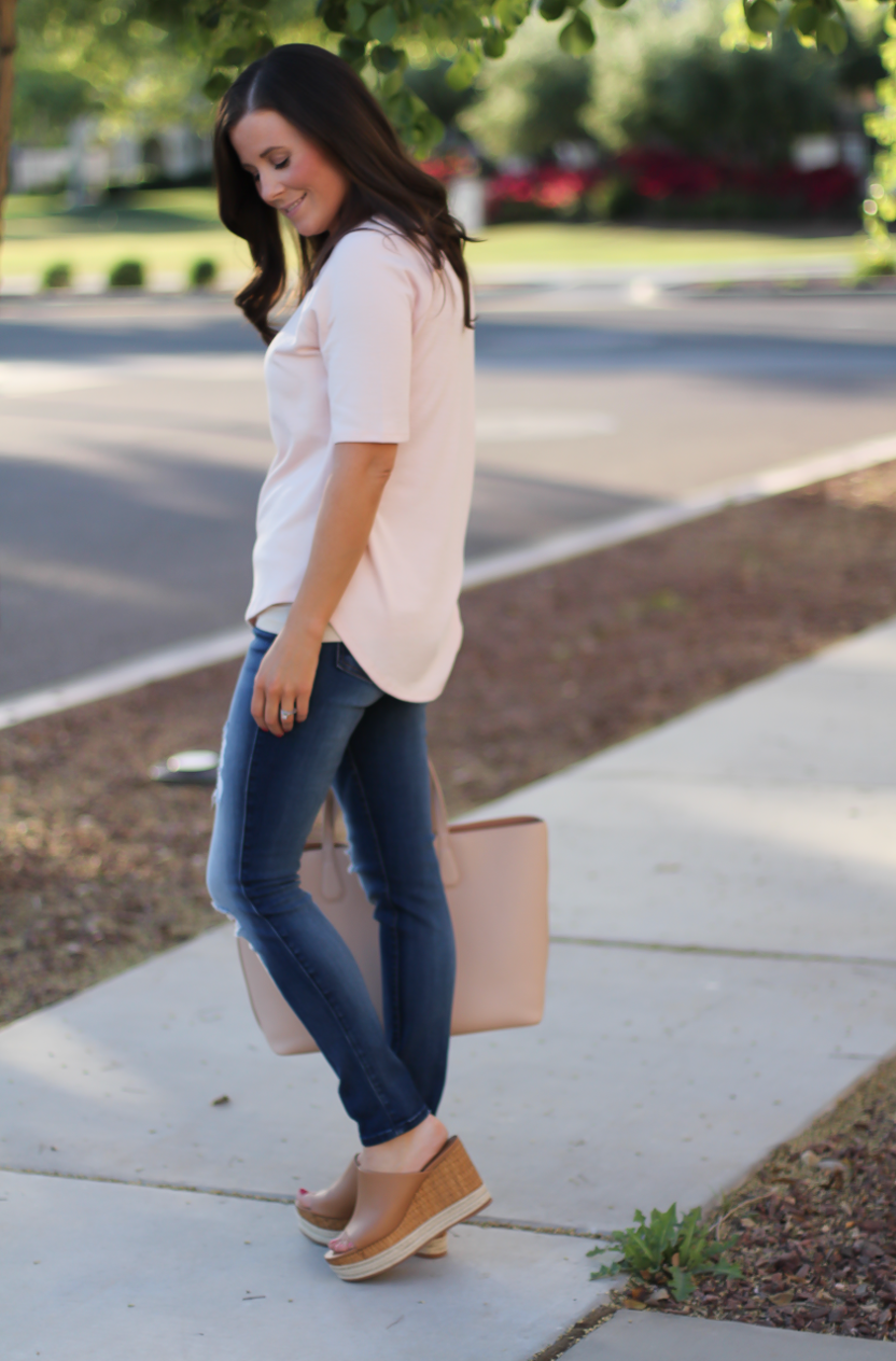 Fine Melange Tee, Distressed Skinny Jeans, Tan Leather Wedge Sandals, Beige Leather Tote, Loft, 7 for All Mankind, Ferragamo, Tory Burch  9