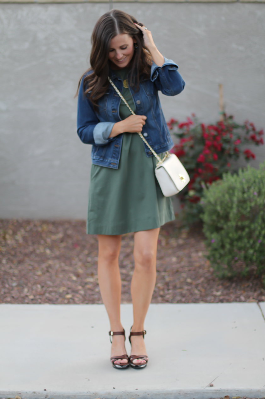green dress with jean jacket