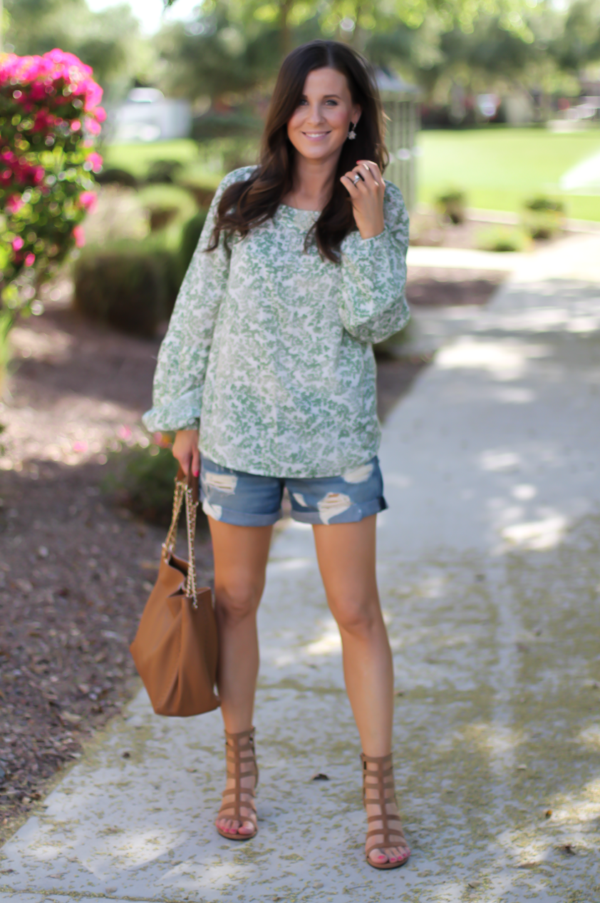 Gren Floral Peasant Blouse, Distressed Denim Shorts, Gladiator Sandals, Tan Chain Strap Tote, Kohls, Lauren Conrad, Rag and Bone, Stuart Weitzman, Tory Burch 2