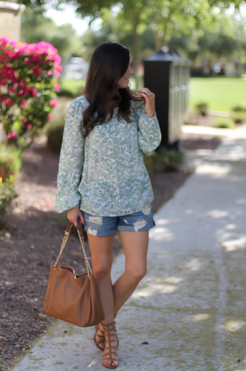 Gren Floral Peasant Blouse, Distressed Denim Shorts, Gladiator Sandals, Tan Chain Strap Tote, Kohls, Lauren Conrad, Rag and Bone, Stuart Weitzman, Tory Burch 3