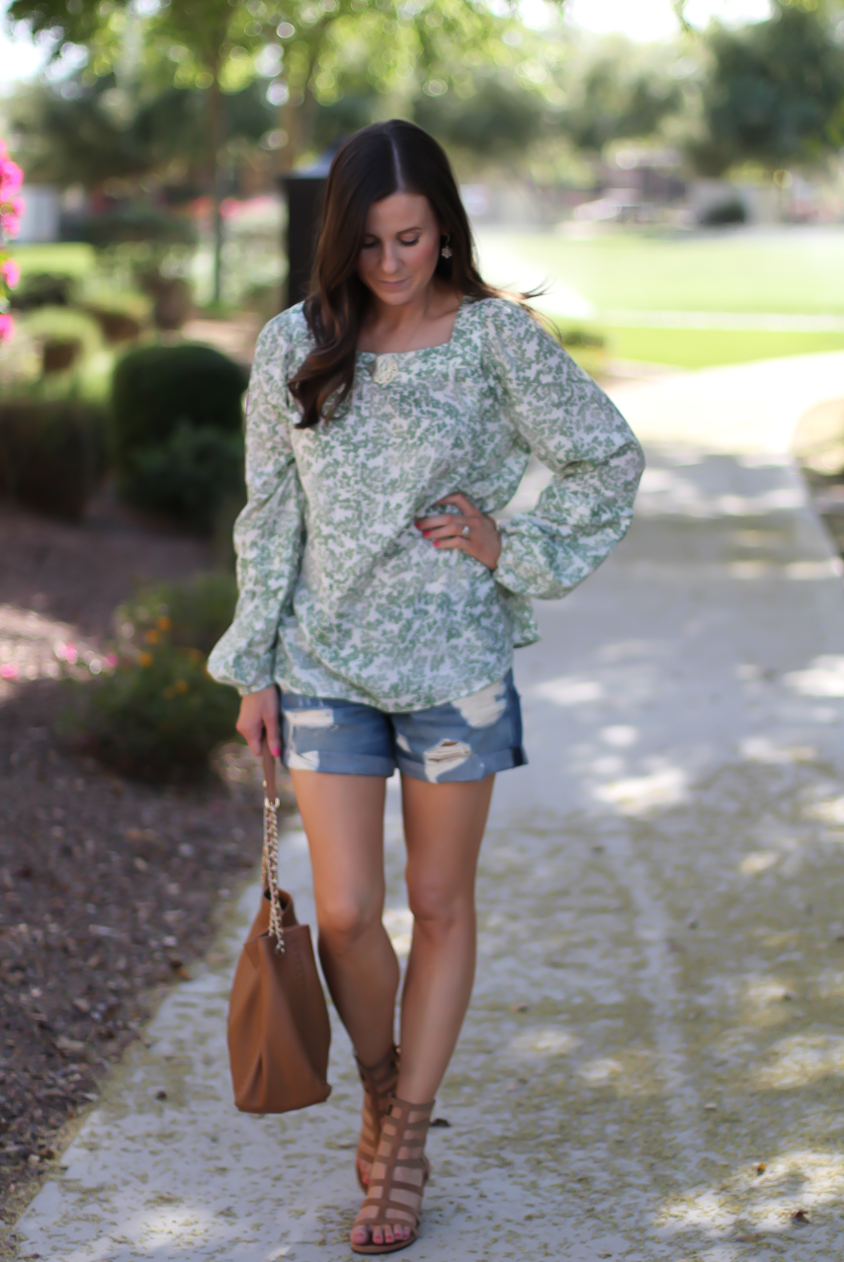 Gren Floral Peasant Blouse, Distressed Denim Shorts, Gladiator Sandals, Tan Chain Strap Tote, Kohls, Lauren Conrad, Rag and Bone, Stuart Weitzman, Tory Burch 7